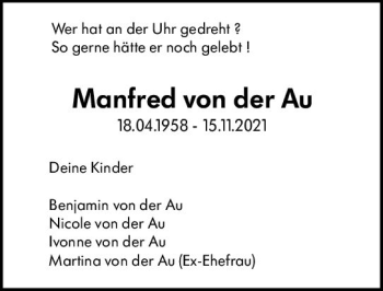 Traueranzeige von Manfred von der Au von vrm-trauer
