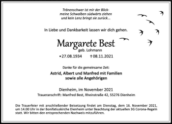 Traueranzeige von Margarete Best von vrm-trauer