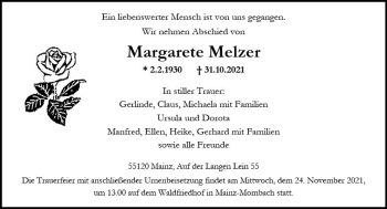 Traueranzeige von Margarete Melzer von vrm-trauer