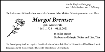 Traueranzeige von Margot Bremser von vrm-trauer
