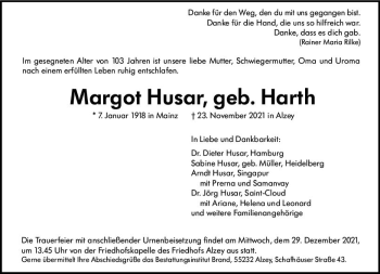 Traueranzeige von Margot Husar von vrm-trauer