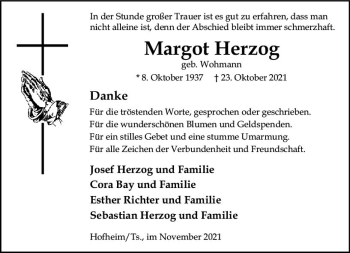 Traueranzeige von Margot Herzog von vrm-trauer