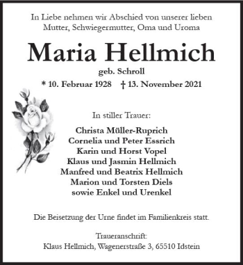 Traueranzeige von Maria Hellmich von vrm-trauer