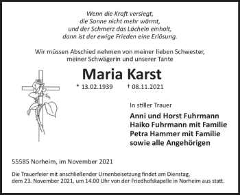 Traueranzeige von Maria Karst von vrm-trauer