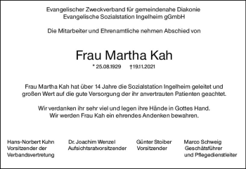 Traueranzeige von Martha Kah von vrm-trauer