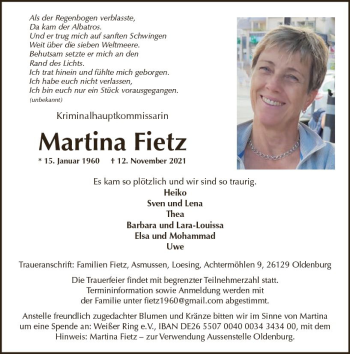 Traueranzeige von Martina Fietz von vrm-trauer
