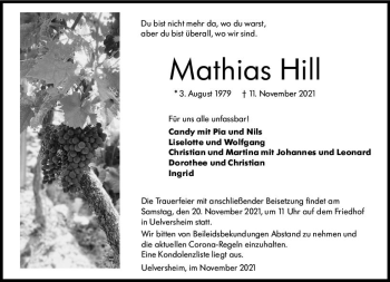 Traueranzeige von Mathias Hill von vrm-trauer