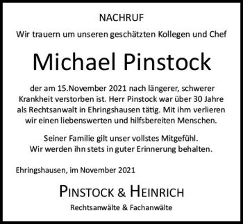 Traueranzeige von Michael Pinstock von  Wetzlarer Neue Zeitung