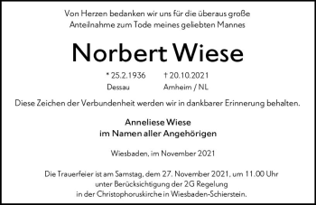 Traueranzeige von Norbert Wiese von vrm-trauer