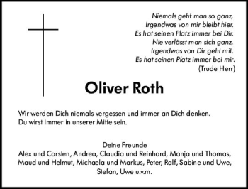 Traueranzeige von Oliver Roth von vrm-trauer