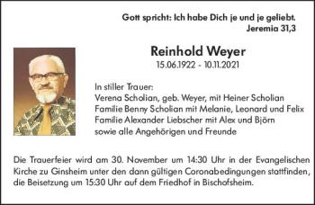 Traueranzeige von Reinhold Weyer von vrm-trauer