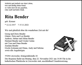 Traueranzeige von Rita Bender von vrm-trauer