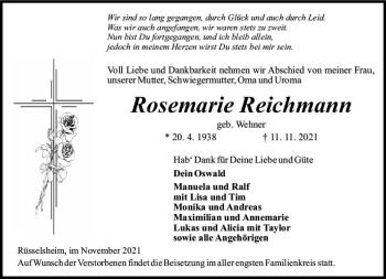 Traueranzeige von Rosemarie Reichmann von vrm-trauer