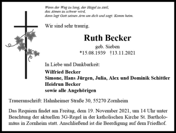 Traueranzeige von Ruth Becker von vrm-trauer