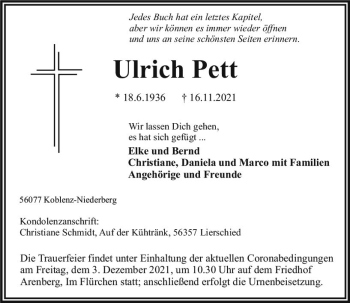Traueranzeige von Ulrich Pett von vrm-trauer