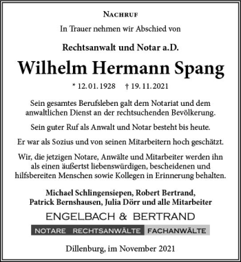 Traueranzeige von Wilhelm Hermann Spang von  Dill Block