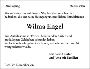 Traueranzeige von Wilma Engel von  Camberger Anzeiger