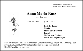 Traueranzeige von Anna Maria Rutz 