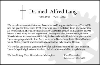Traueranzeige von Alfred Lang von vrm-trauer