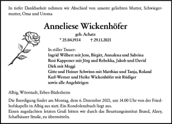 Traueranzeige von Anneliese Wickenhöfer von vrm-trauer