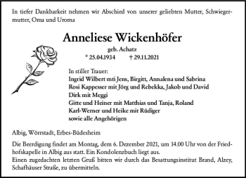 Traueranzeige von Anneliese Wickenhöfer von vrm-trauer