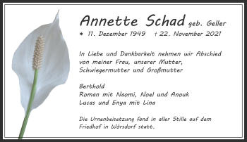 Traueranzeige von Annette Schad von vrm-trauer