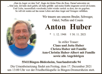 Traueranzeige von Anton Huber von vrm-trauer