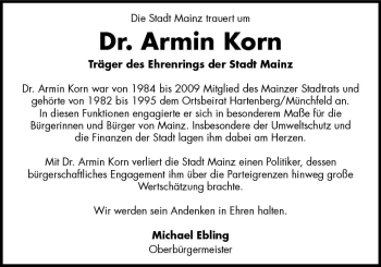 Traueranzeige von Armin Korn von vrm-trauer