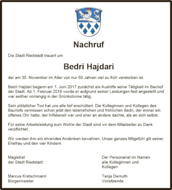 Traueranzeige von Bedri Hajdari von vrm-trauer