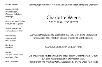 Traueranzeige von Charlotte Wiens von vrm-trauer