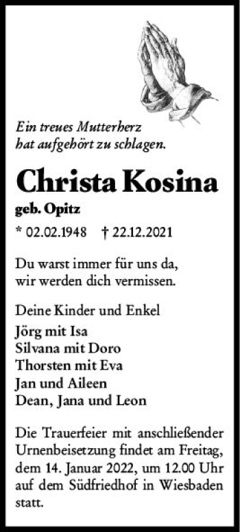 Traueranzeige von Christa Kosina von vrm-trauer