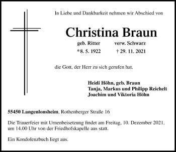 Traueranzeige von Christina Braun von vrm-trauer