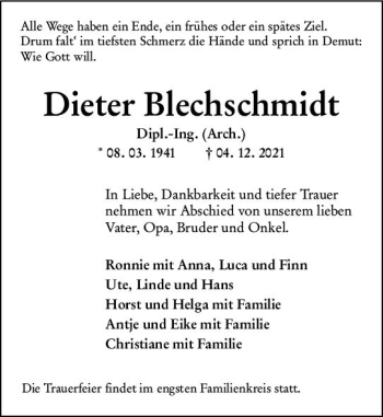 Traueranzeige von Dieter Blechschmidt von vrm-trauer