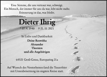 Traueranzeige von Dieter Ihrig von vrm-trauer