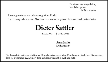 Traueranzeige von Dieter Sattler von vrm-trauer