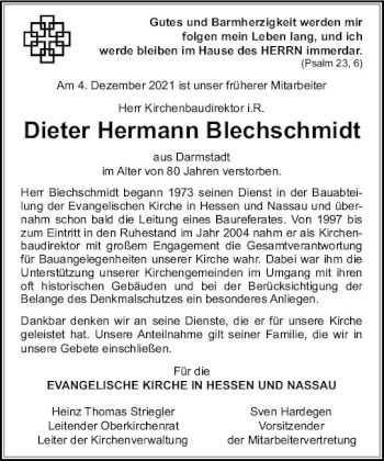 Traueranzeige von Dieter Hermann Blechschmidt von vrm-trauer