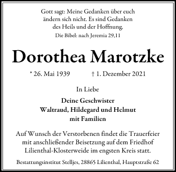 Traueranzeige von Dorothea Marotzke von vrm-trauer
