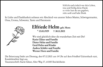 Traueranzeige von Elfriede Helm von vrm-trauer