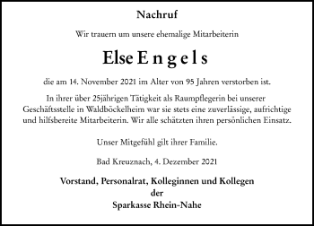 Traueranzeige von Else Engels von vrm-trauer