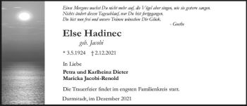 Traueranzeige von Else Hadinec von vrm-trauer