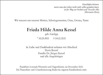 Traueranzeige von Frieda Hilde Anna Kessel von vrm-trauer