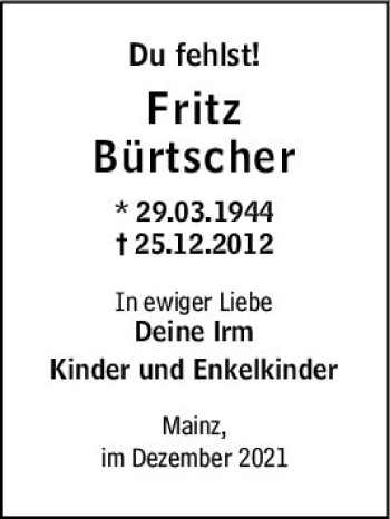 Traueranzeige von Fritz Bürtscher von vrm-trauer