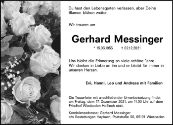 Traueranzeige von Gerhard Messinger von vrm-trauer