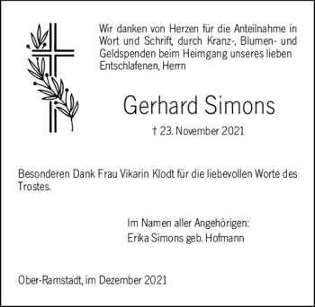 Traueranzeige von Gerhard Shons von vrm-trauer