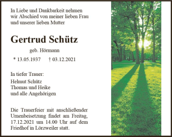 Traueranzeige von Gertrud Schütz von vrm-trauer
