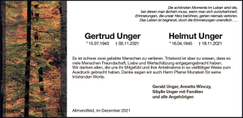 Traueranzeige von Gertrud Unger von vrm-trauer