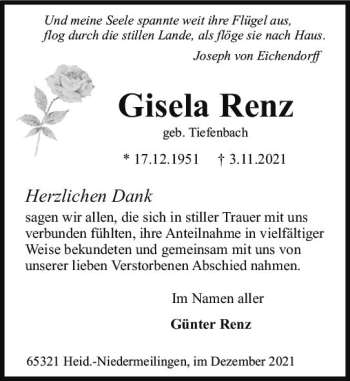 Traueranzeige von Gisela Renz von vrm-trauer