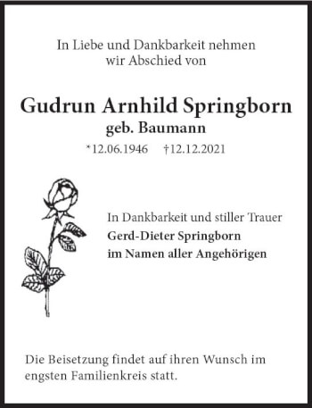 Traueranzeige von Gudrun Arnhild Springborn von vrm-trauer