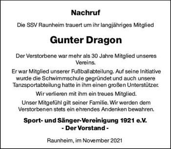 Traueranzeige von Gunter Dragon von vrm-trauer