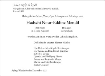 Traueranzeige von Hadschi Nour-Eddine Mendil von vrm-trauer